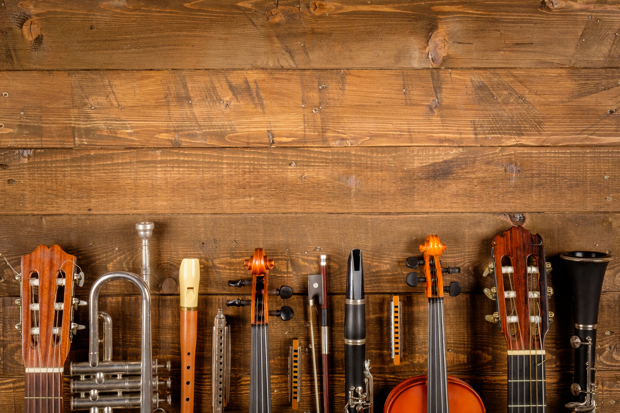 instruments in wood background