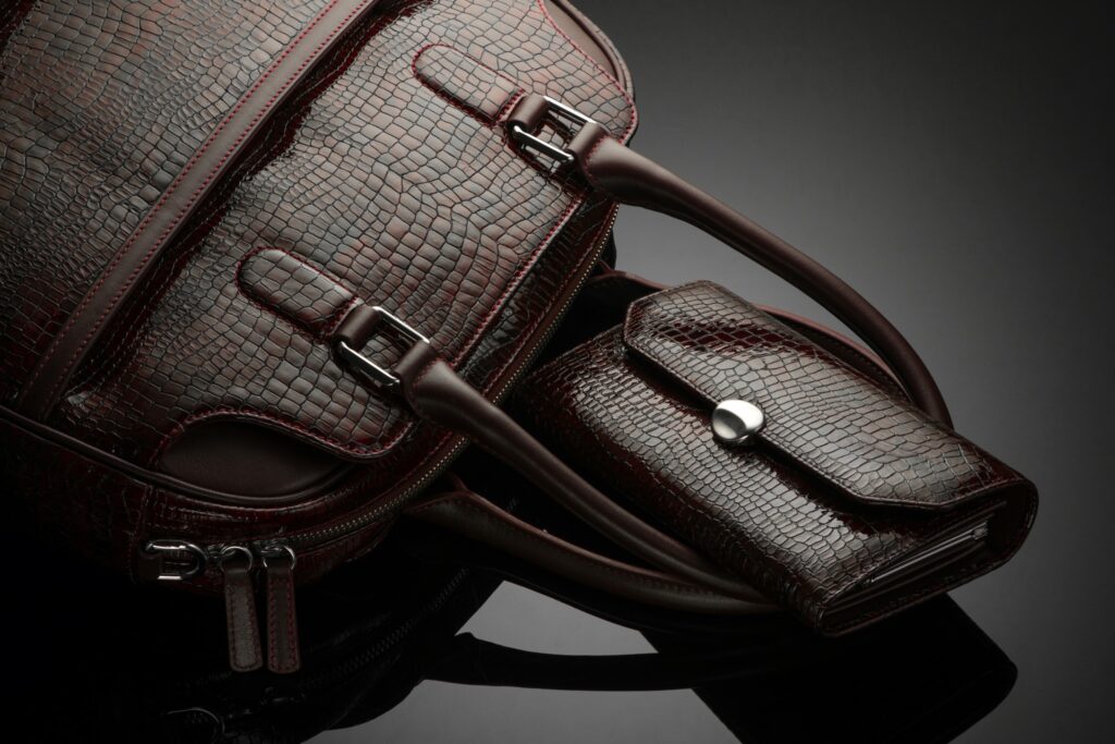 Brown textured handbag with a matching small purse